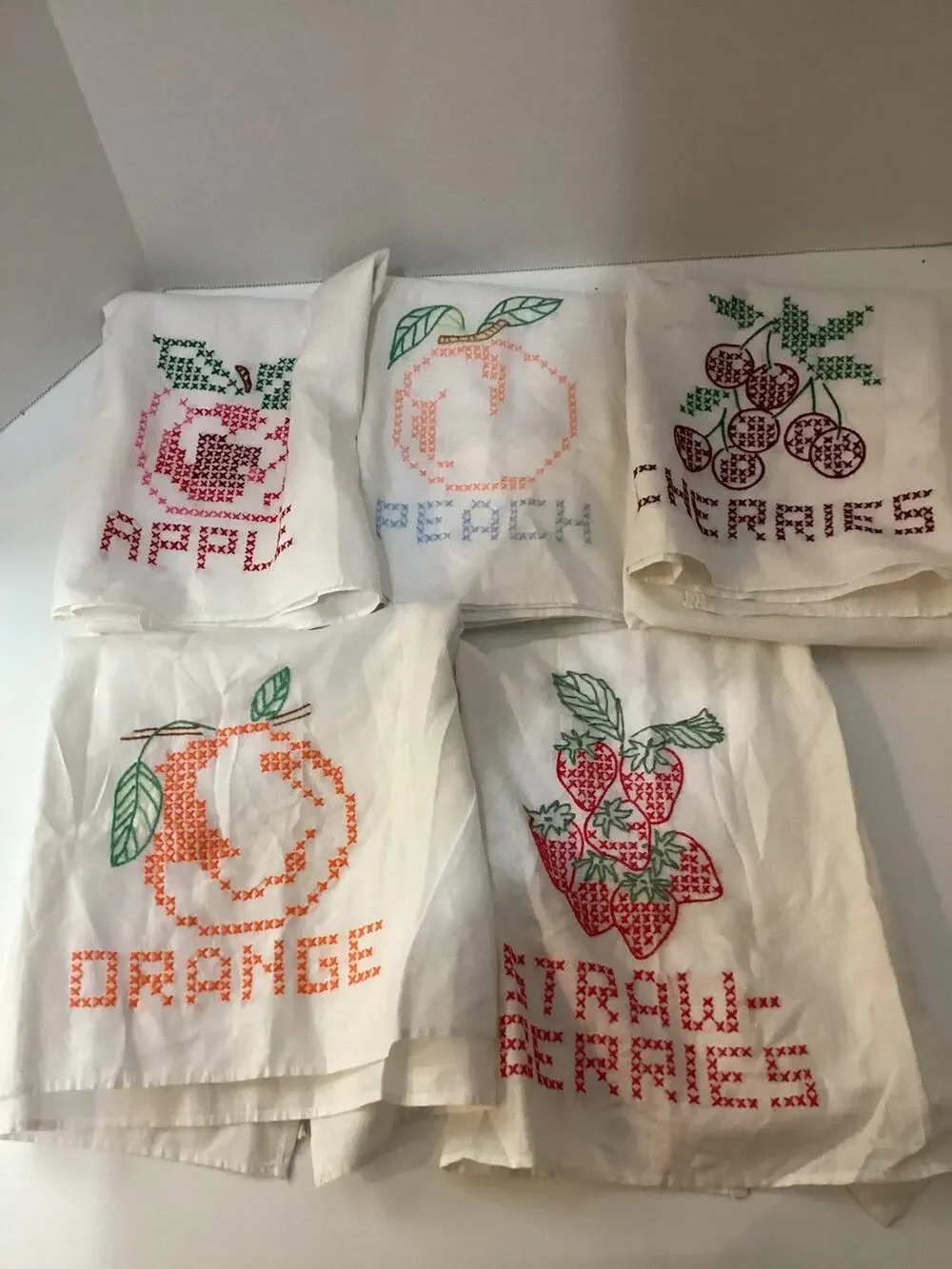5 Hand Stitched Fruit Themed Dish Towels